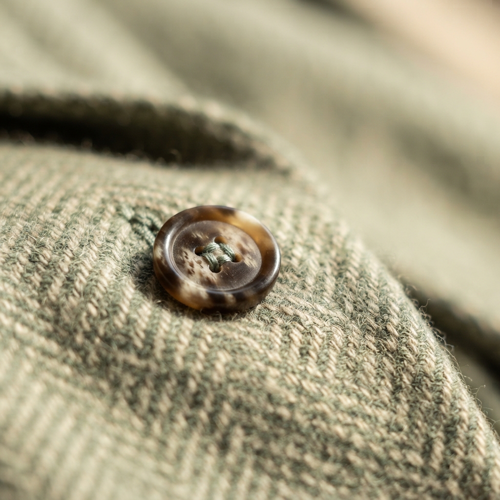 Macro study of raw sage wool weave and horn button