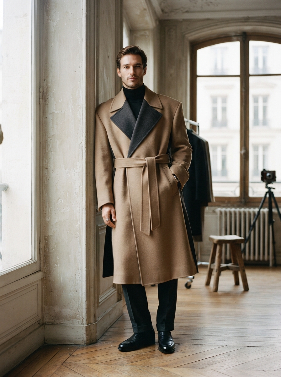Winter camel coat male model in Parisian apartment